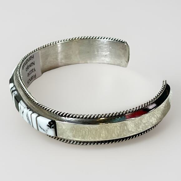 Navajo Handmade Sterling Silver White Buffalo Inlay Cuff Bracelet by F Yazzie - Picture 3 of 16